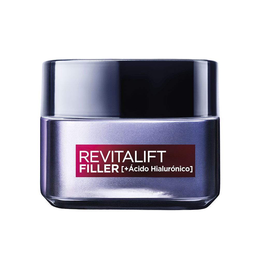 L'Oréal Paris Purple square plastic face cream jar with black lid and shiny finish, visible label text