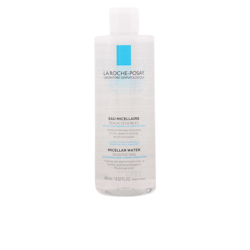 la Roche Posay Clear plastic micellar water bottle with white flip-top cap, blue square logo, black and blue text, measurement markings