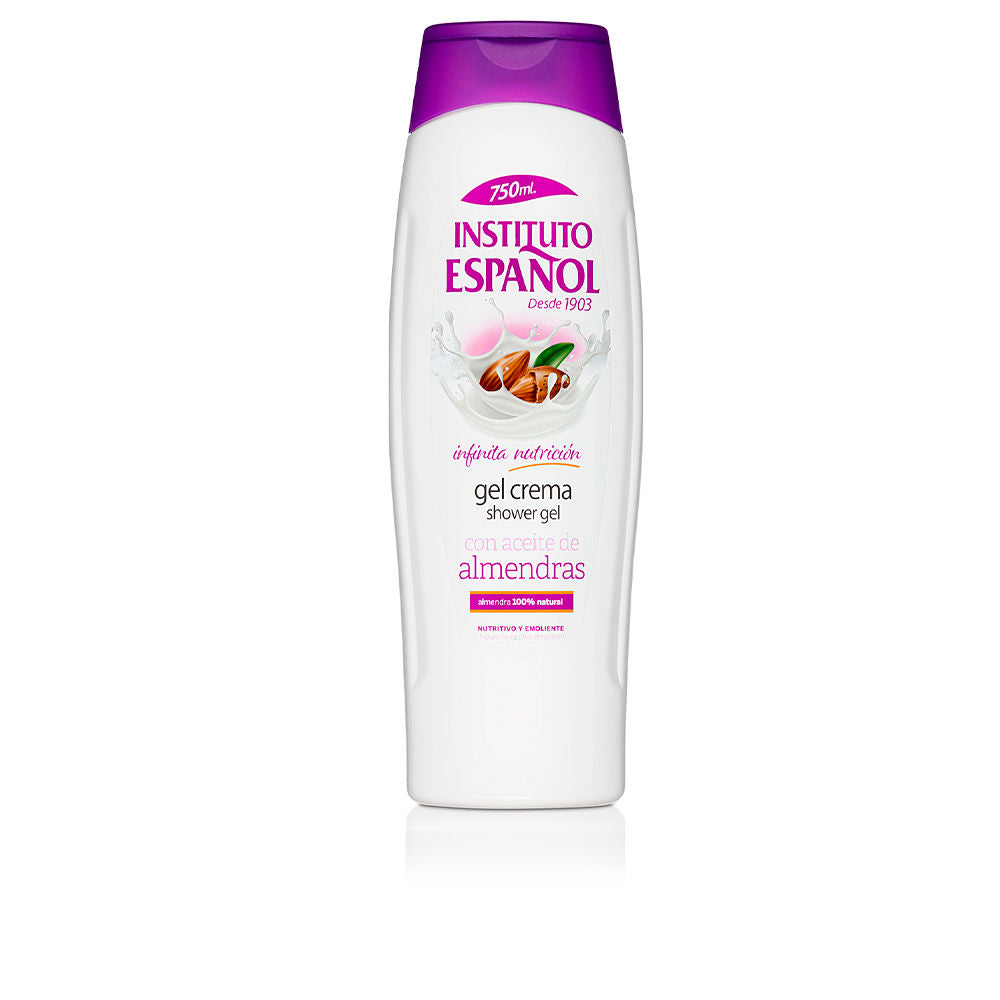 Instituto Español Plastic curved bottle of almond shower gel in white and purple with flip-top cap and front logo