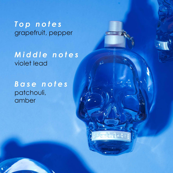 Blue clear glass skull-shaped 75 ml eau de toilette spray for Man