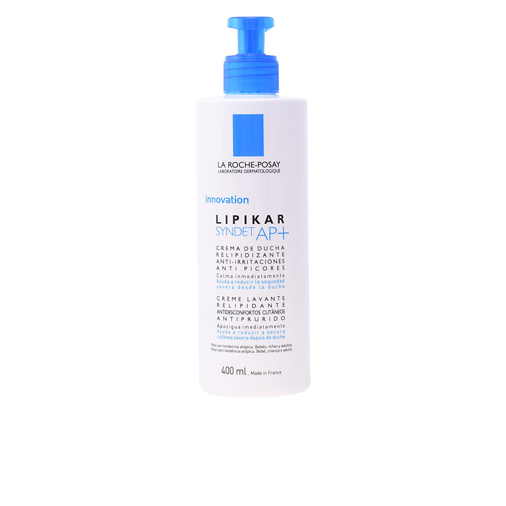 la Roche Posay White and blue plastic pump shower cream bottle, minimalist clean design, showcased