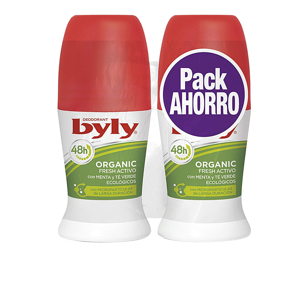 Byly roll-on deodorant in red, white and green bottle showing cap, label text and mint-green accents