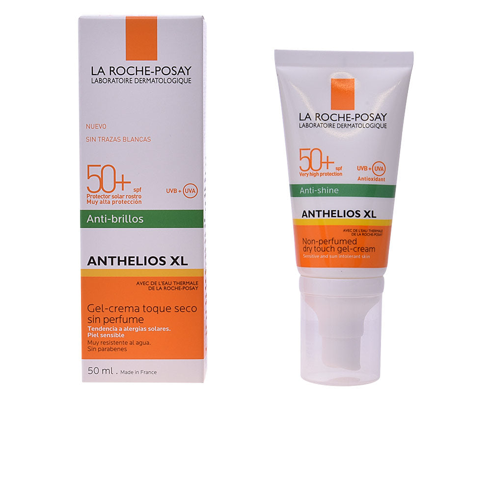 la Roche Posay White and orange sunscreen gel-cream tube with pump and matching cardboard box, minimalist clinical styling