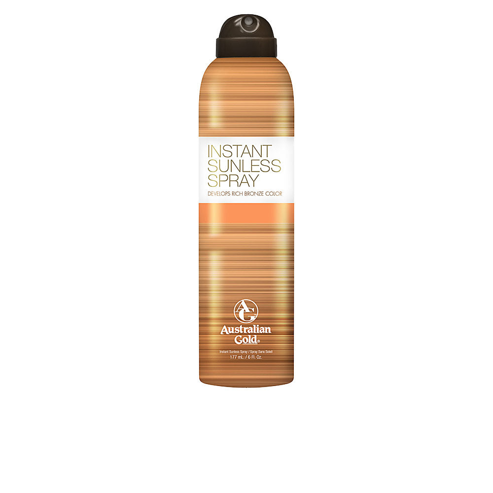 Australian Gold Bronze and white cylindrical sunless spray bottle with orange accents, spray nozzle, modern metal-plastic finish