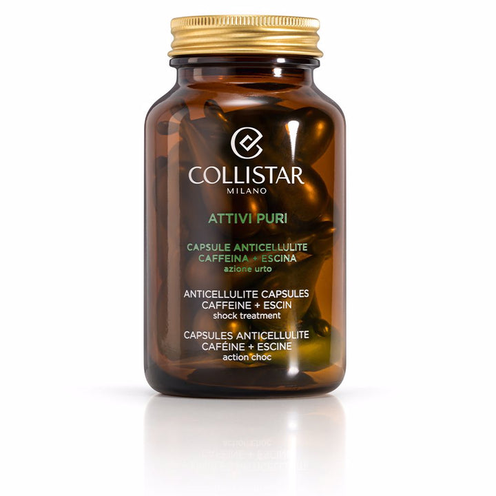 Collistar Transparent amber glass bottle with gold screw cap showing visible capsules and printed front logo