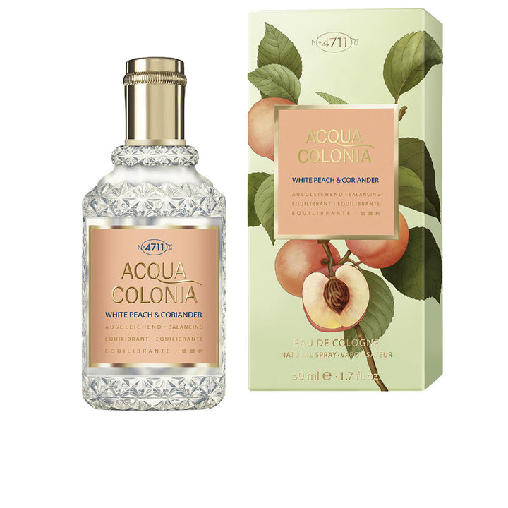 50 ml clear eau de cologne bottle labelled White Peach &amp; Cilantro, Unisex fragrance