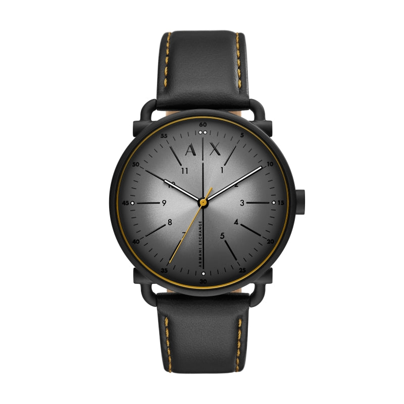Refined Black Leather and Metal Timepiece with Yellow Accents