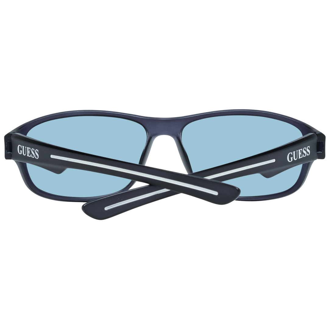 Black plastic rectangular sunglasses with light-blue lenses and curved temples showing temple logo