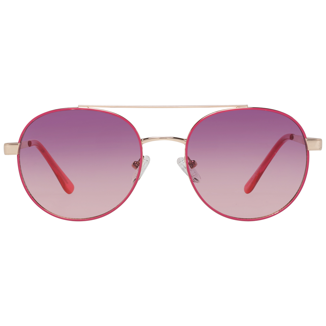 Gold metal aviator sunglasses with pink gradient lenses and double bridge on white background