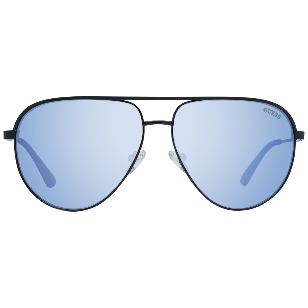 Unisex black thin metal aviator sunglasses with blue lenses and adjustable plastic nose pads on white background
