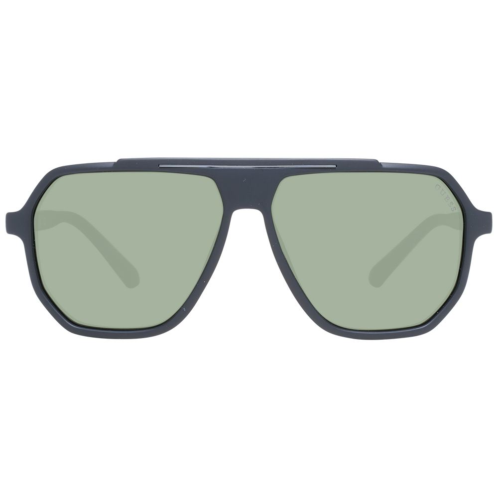 Dark gray plastic rectangular sunglasses with green lenses, double bridge, and logo on temple