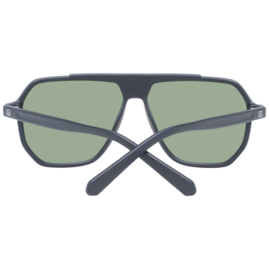 Dark gray plastic rectangular sunglasses with green lenses, double bridge, and logo on temple