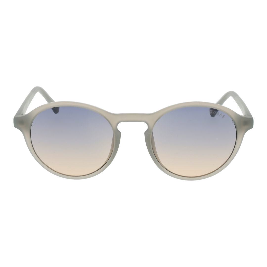 Translucent gray round sunglasses, blue-to-beige gradient lenses, keyhole bridge, plastic frame on white
