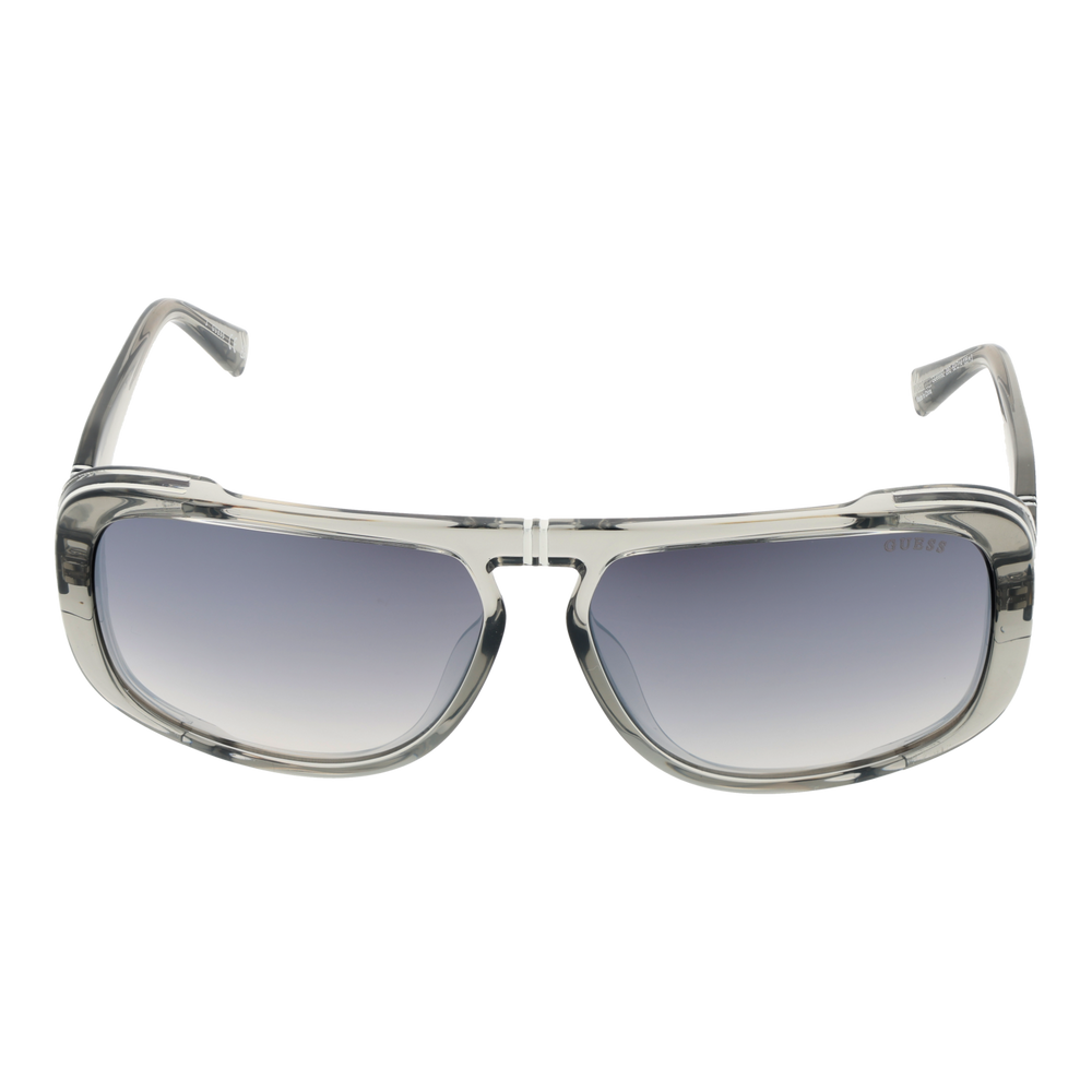 Transparent gray rectangular sunglasses with double bridge and gradient dark lenses, logo on lens and temples
