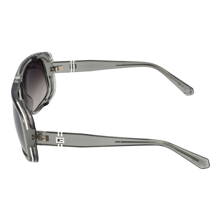 Transparent gray rectangular sunglasses with double bridge and gradient dark lenses, logo on lens and temples