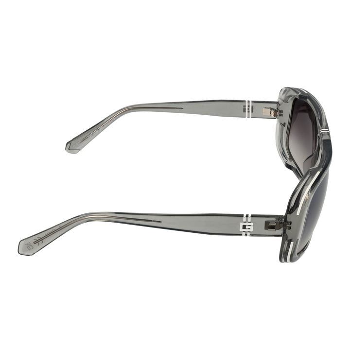 Transparent gray rectangular sunglasses with double bridge and gradient dark lenses, logo on lens and temples