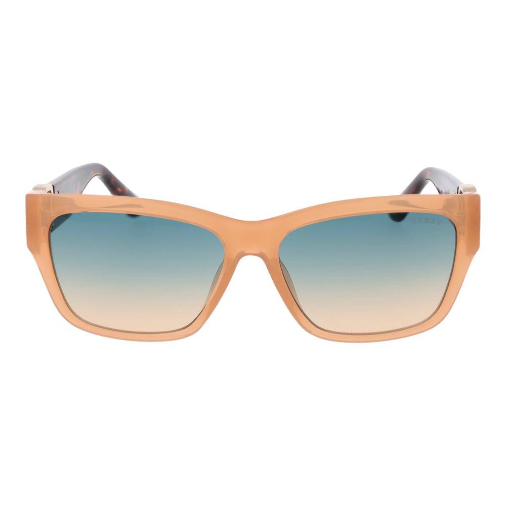 Peach tortoiseshell square sunglasses with gradient lenses and rhinestone 'G' emblem on temples