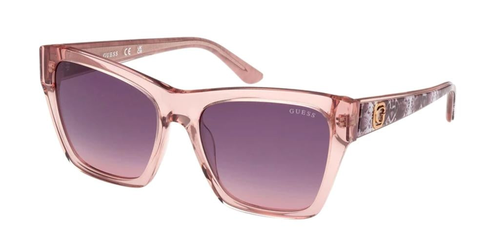Pink and purple gradient round sunglasses with patterned temples and gold logo, black fold-over case and cleaning cloth