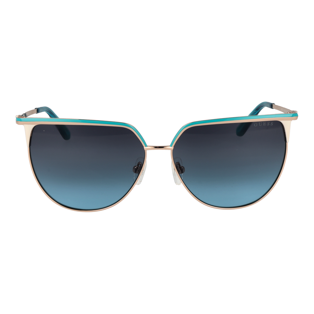 Gold metal aviator sunglasses with turquoise-blue accents and gradient lenses on white background
