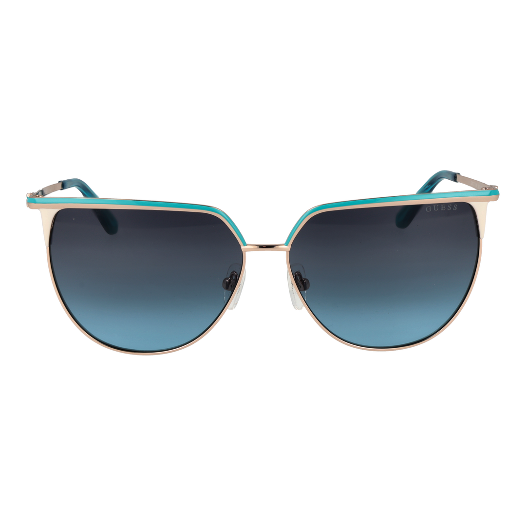 Gold metal aviator sunglasses with turquoise-blue accents and gradient lenses on white background