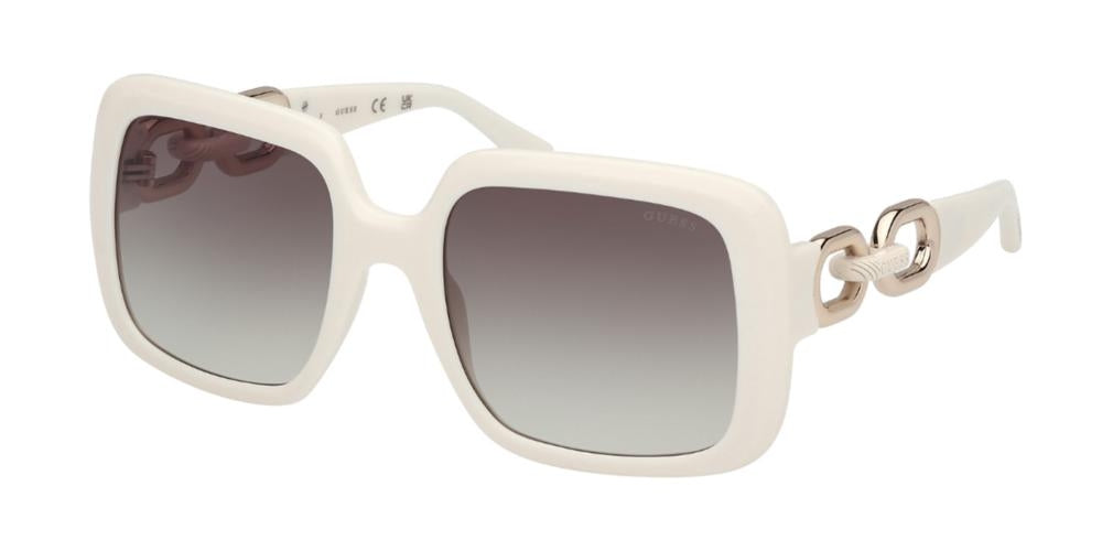 White oversized square sunglasses with gradient lenses and decorative chain-link temples on light background