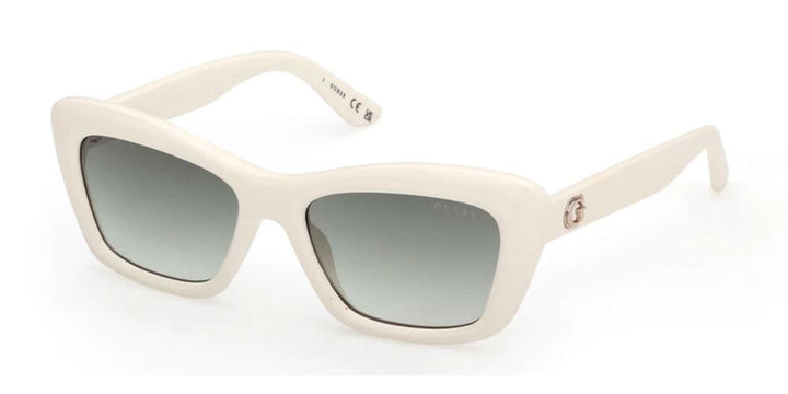 White square sunglasses with gradient lenses and visible logo on temple, red and black cases, black cleaning cloth