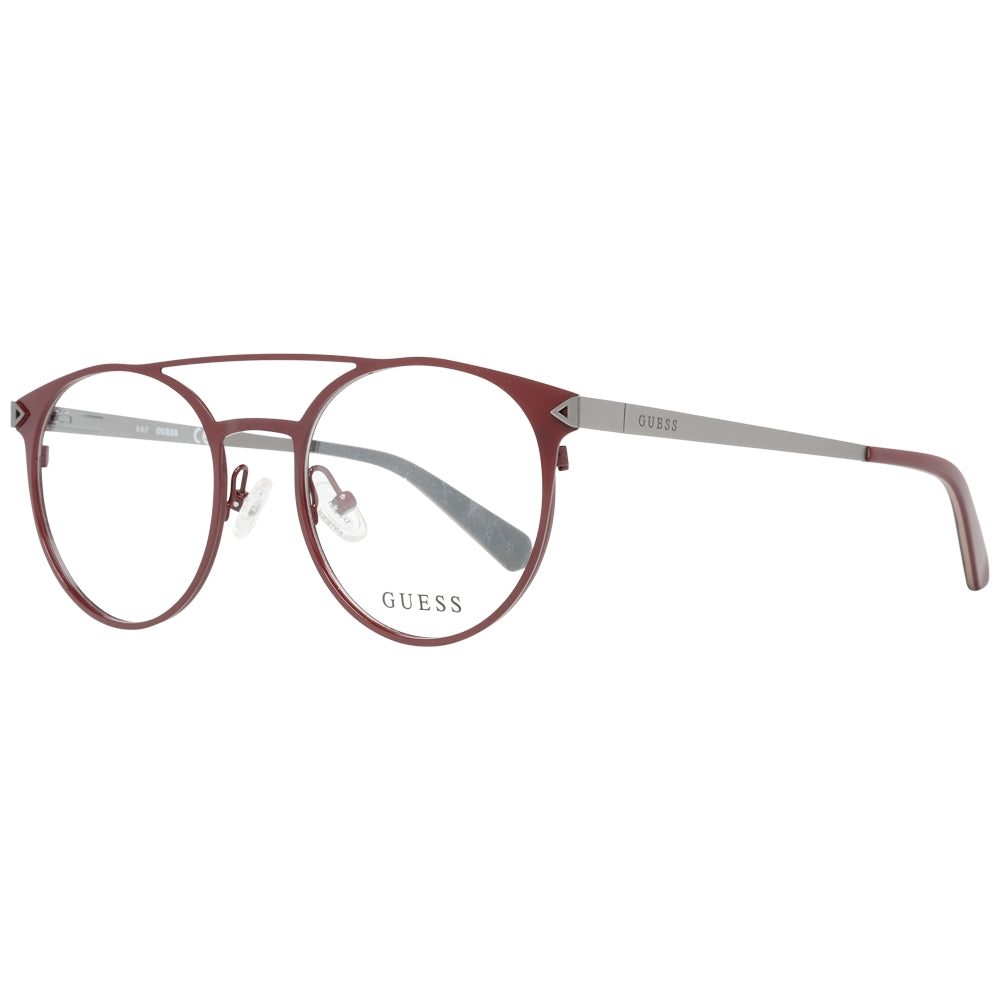 Maroon round eyeglasses in thin silver metal with double bridge and adjustable nose pads, modern Unisex frame