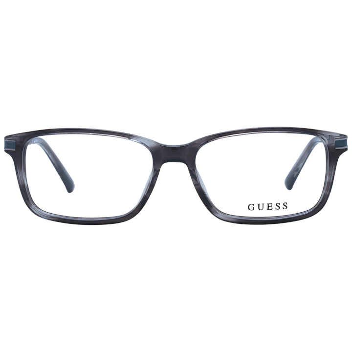 Unisex transparent rectangular eyeglasses with gray plastic frame and metal temples featuring logo detail