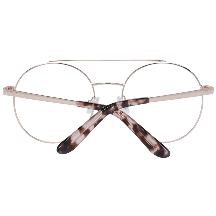 Unisex gold metal double-bridge round eyeglasses with tortoiseshell temple tips on white background