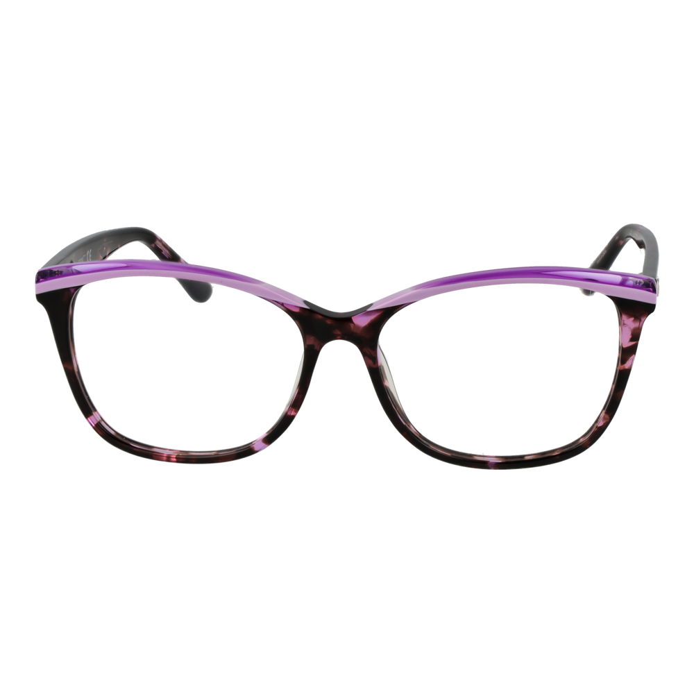 Purple, black and pink tortoiseshell cat-eye eyeglasses with metallic G logo on temple, angled three-quarter view