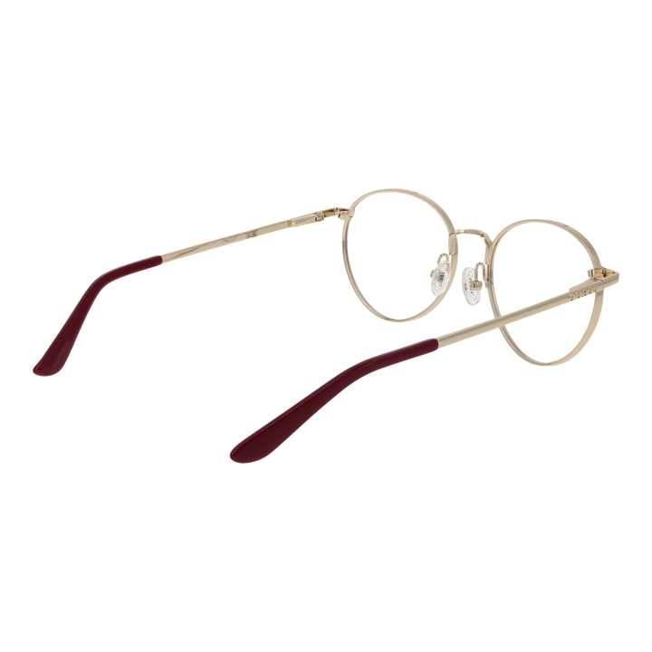 Unisex round eyeglasses in gold metal with red accents, thin frame, adjustable nose pads, and temple tips