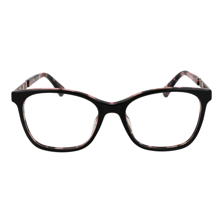 Black and pink tortoiseshell square eyeglasses with metal temple accents, modern fashion-forward style for Women