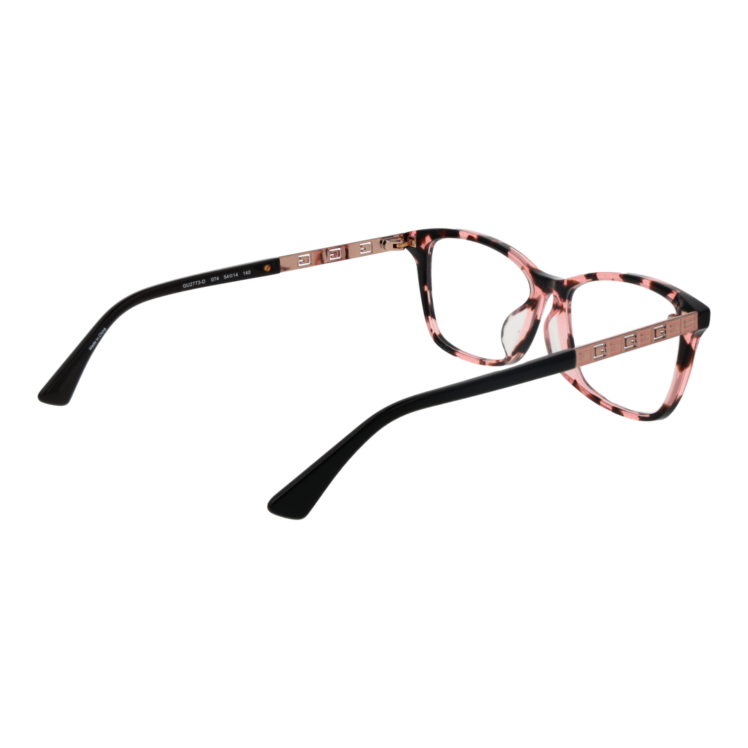 Pink and black tortoiseshell full-rim rectangular eyeglasses with rose-gold metal temple accents displayed front angle