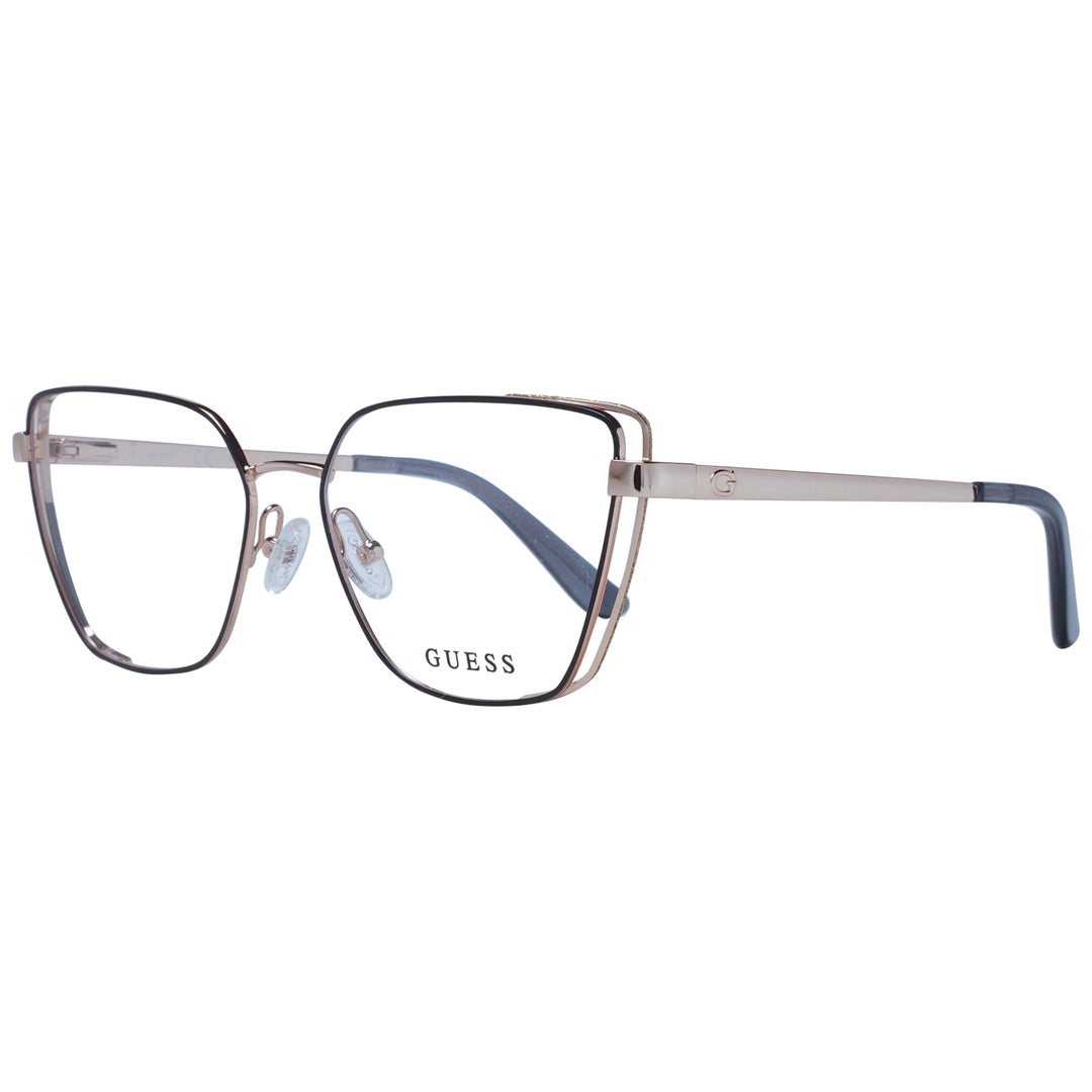 Rose gold and black thin metal square eyeglasses with adjustable nose pads and logo temples on white background