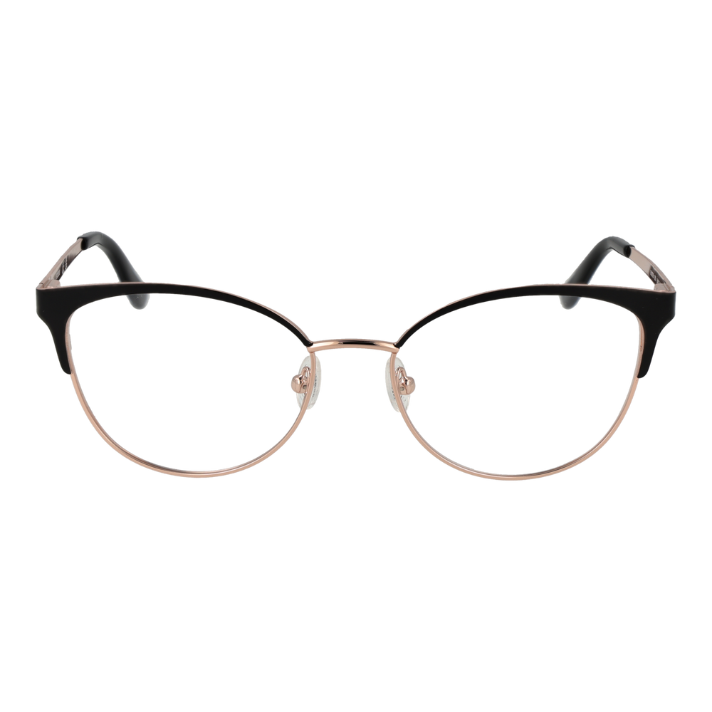 Black and rose gold metal cat-eye eyeglasses with adjustable nose pads and black plastic temple tips
