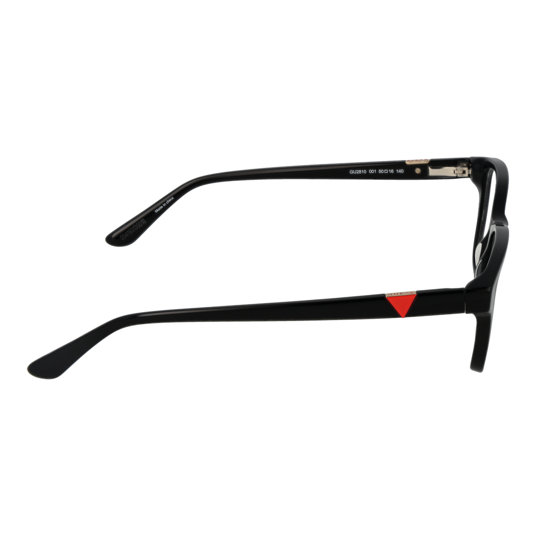 Unisex black full-rim rectangular eyeglasses with red triangular detail on temples, modern plastic frame