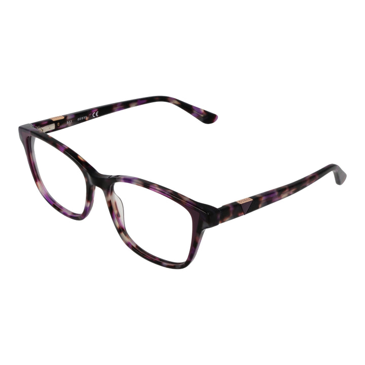 Purple and brown tortoise rectangular eyeglasses with black and white hues and metal temple accents on neutral background