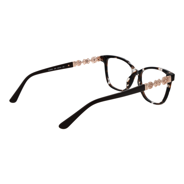 Tortoise shell square eyeglasses with black-brown pattern and rose-gold floral accents on temples