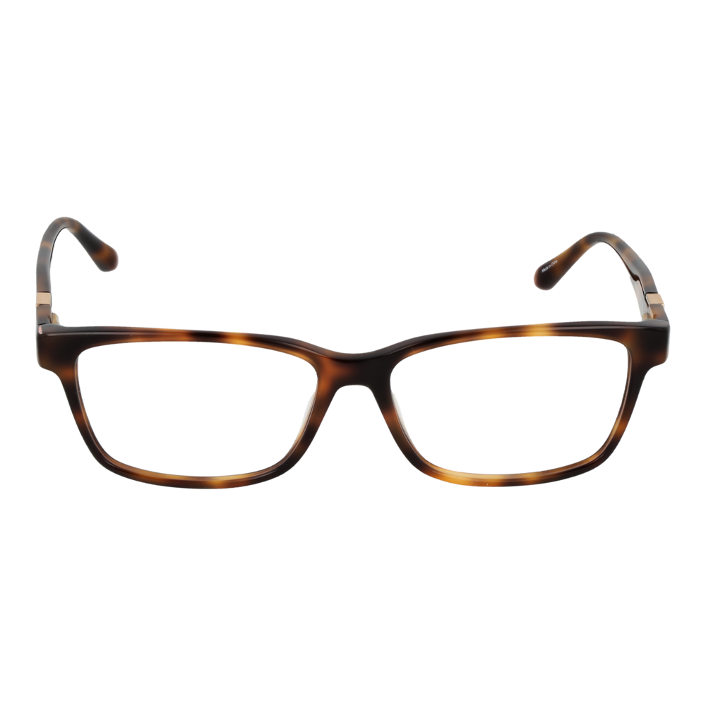 Tortoise brown full-rim rectangular eyeglasses in plastic with gold triangular temple logos, front three-quarter view