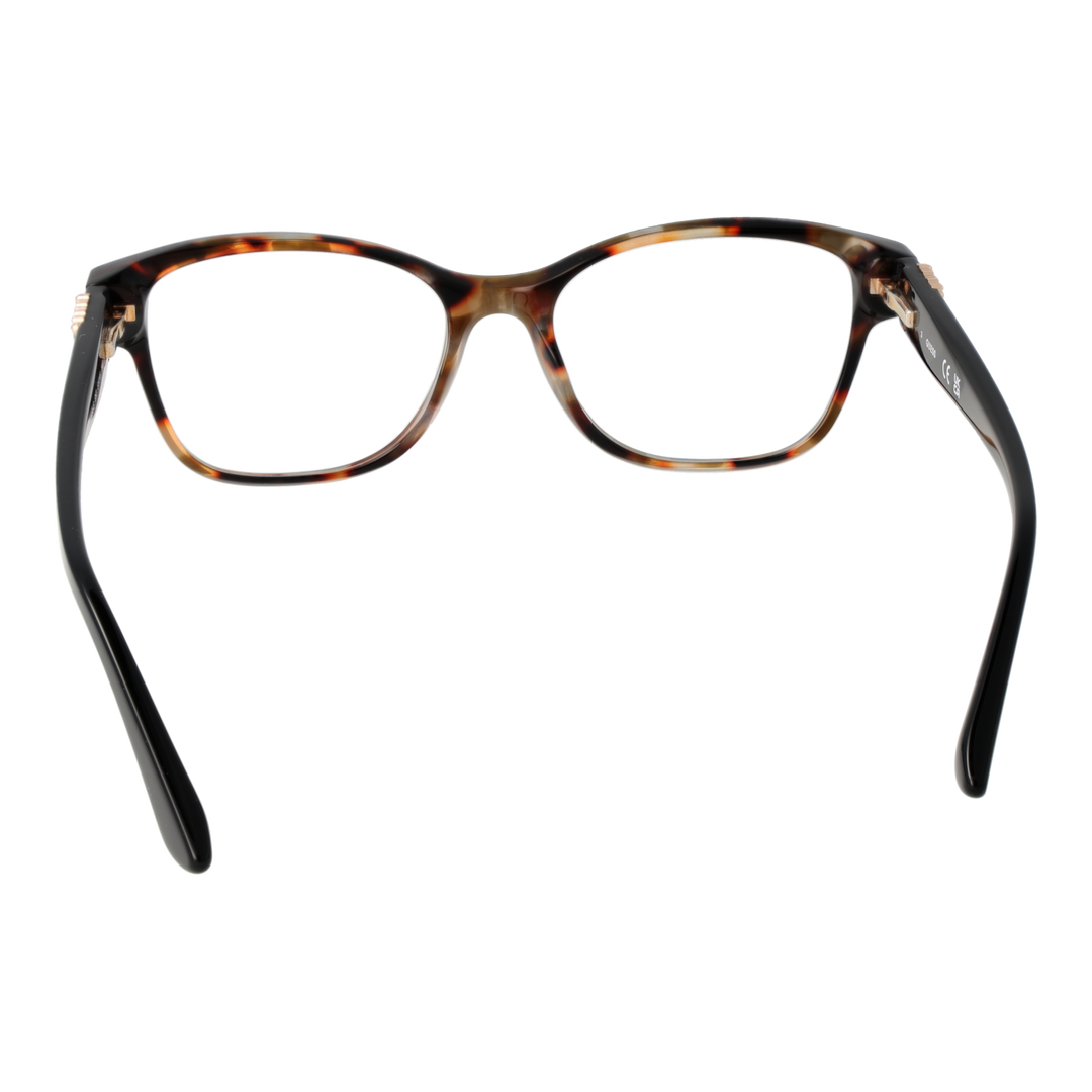 Tortoiseshell rectangular eyeglasses with black temples and metal emblem, modern fashionable Women’s frame.