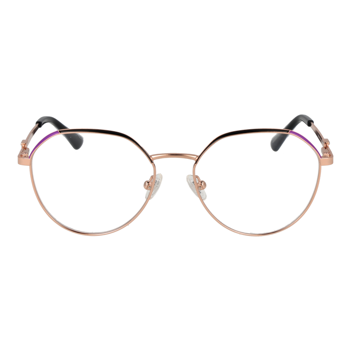 Rose gold thin metal round eyeglasses with black temple tips on white background, modern minimalist design