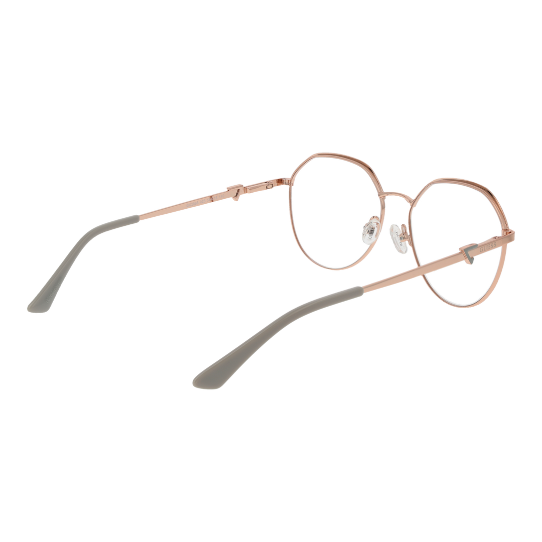 Rose gold thin metal round eyeglasses with adjustable nose pads and white temple tips on neutral background