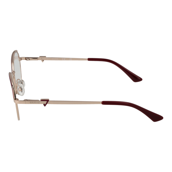 Gold thin metal round eyeglasses with burgundy temple tips and decorative hinge detail, front view