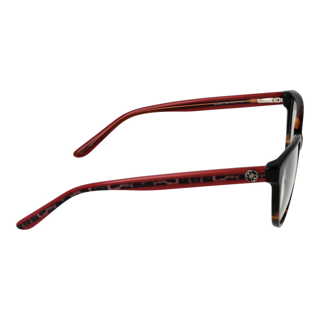 Tortoiseshell cat-eye eyeglasses for Women with red arms and logo emblem on arm, front three-quarter view