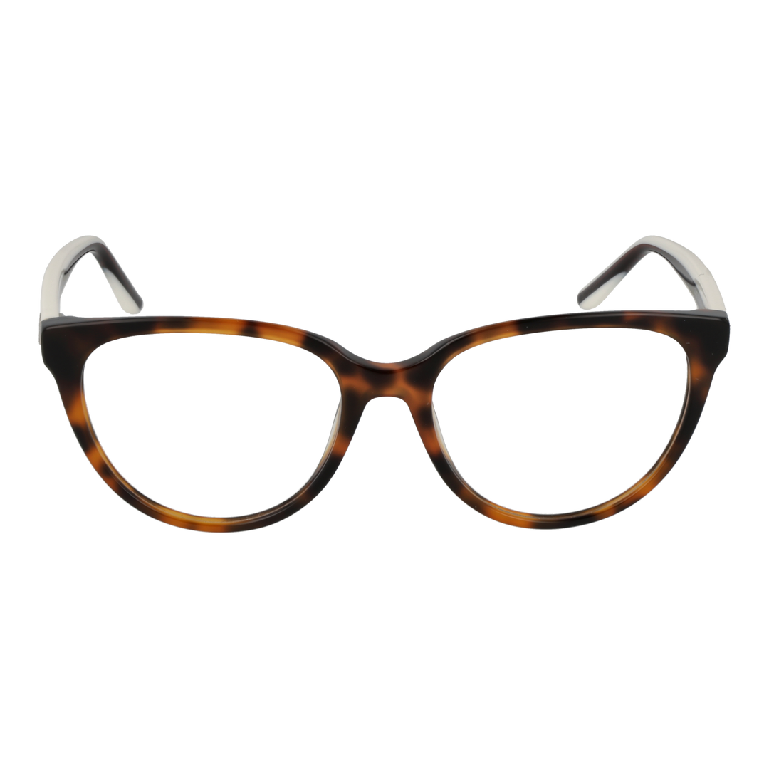Two-tone tortoise shell brown and white round eyeglasses with gold emblem on temples, plastic frame