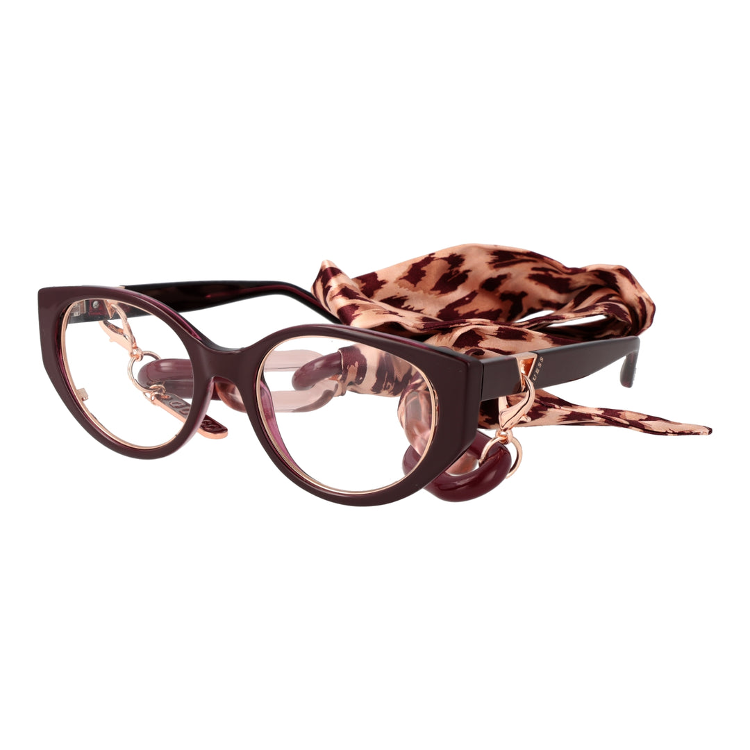Dark burgundy cat-eye eyeglasses with rose-gold temples, chain detail, beige patterned attached scarf