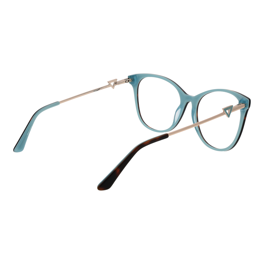 Tortoise shell cat-eye eyeglasses for Women with light-blue accents and slim gold metal temples, logo detail