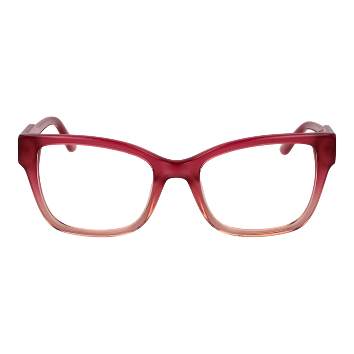Red-to-peach gradient square eyeglasses with transparent lower rim and logo on temple, modern plastic frame