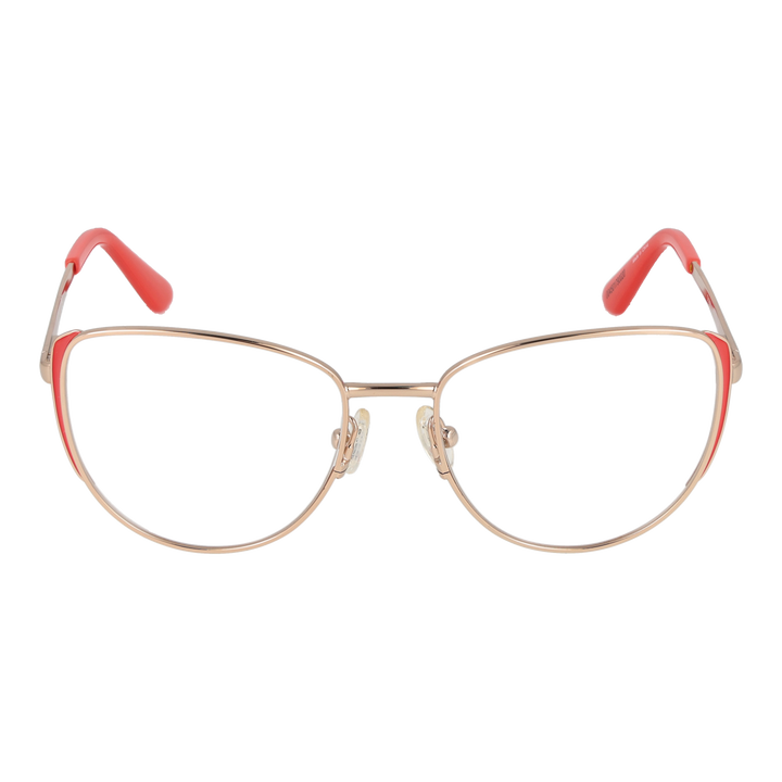 Gold metal cat-eye eyeglasses with coral temple tips, thin temples and adjustable nose pads on white background