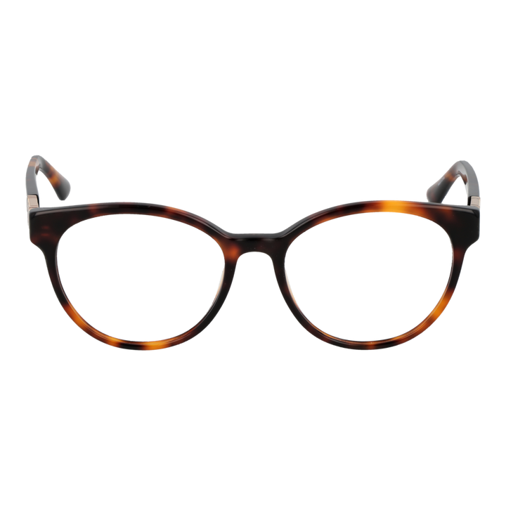 Guess tortoiseshell round eyeglasses for Women with gold temple accents and brown-black pattern